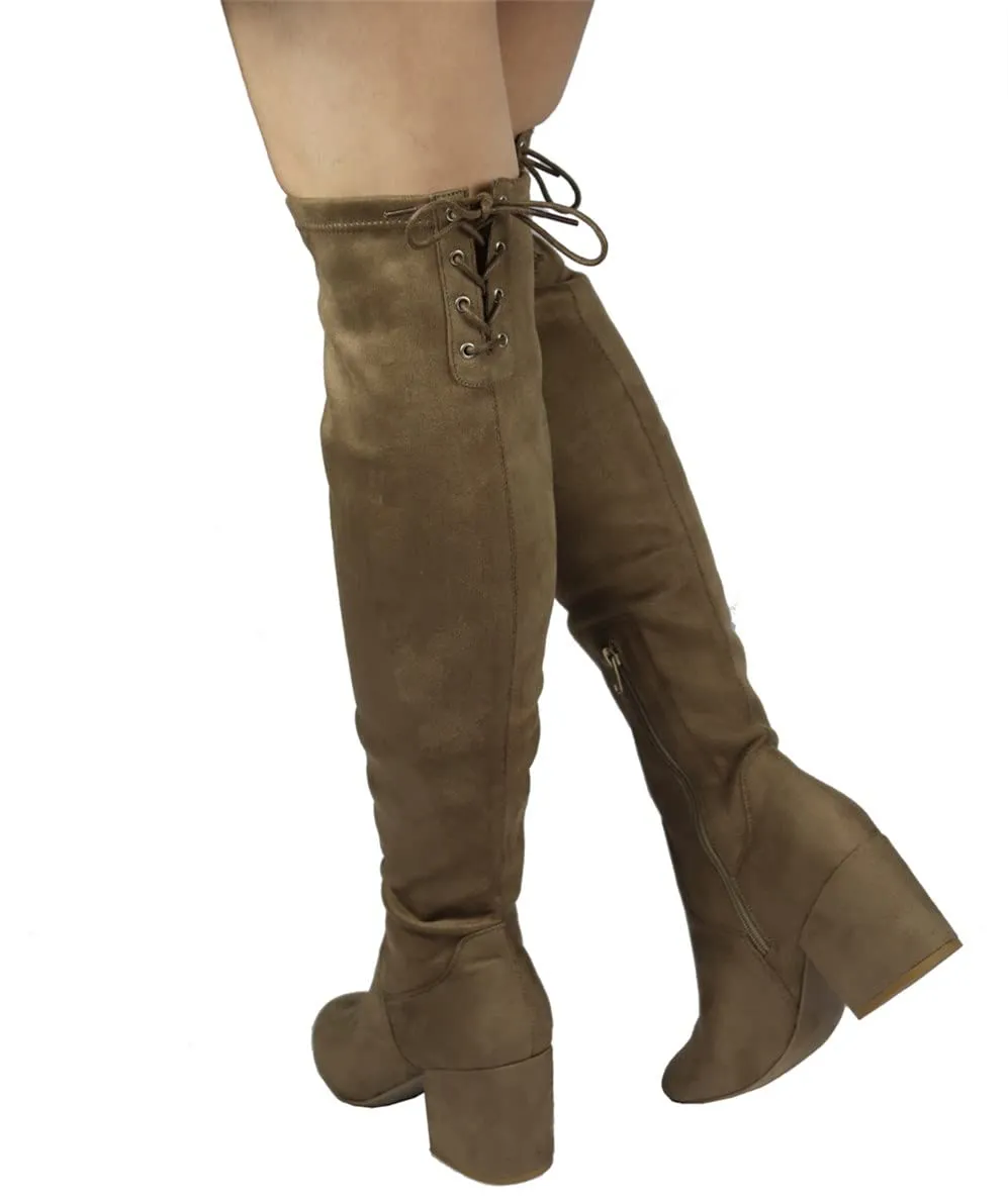 ADA-28 Lace-Up Over The Knee Low Chunky Block Heel Boots