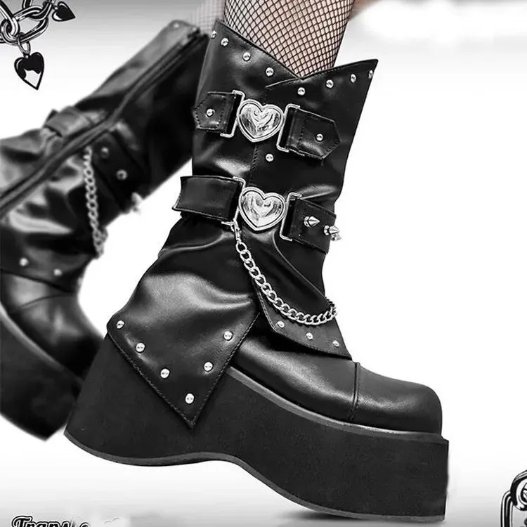 binfenxie  Brand New High Chunky Heeled Women Boots Mid-calf Knee High Motorcycle Platform Buckle Chain Lace-up Gothic Booties