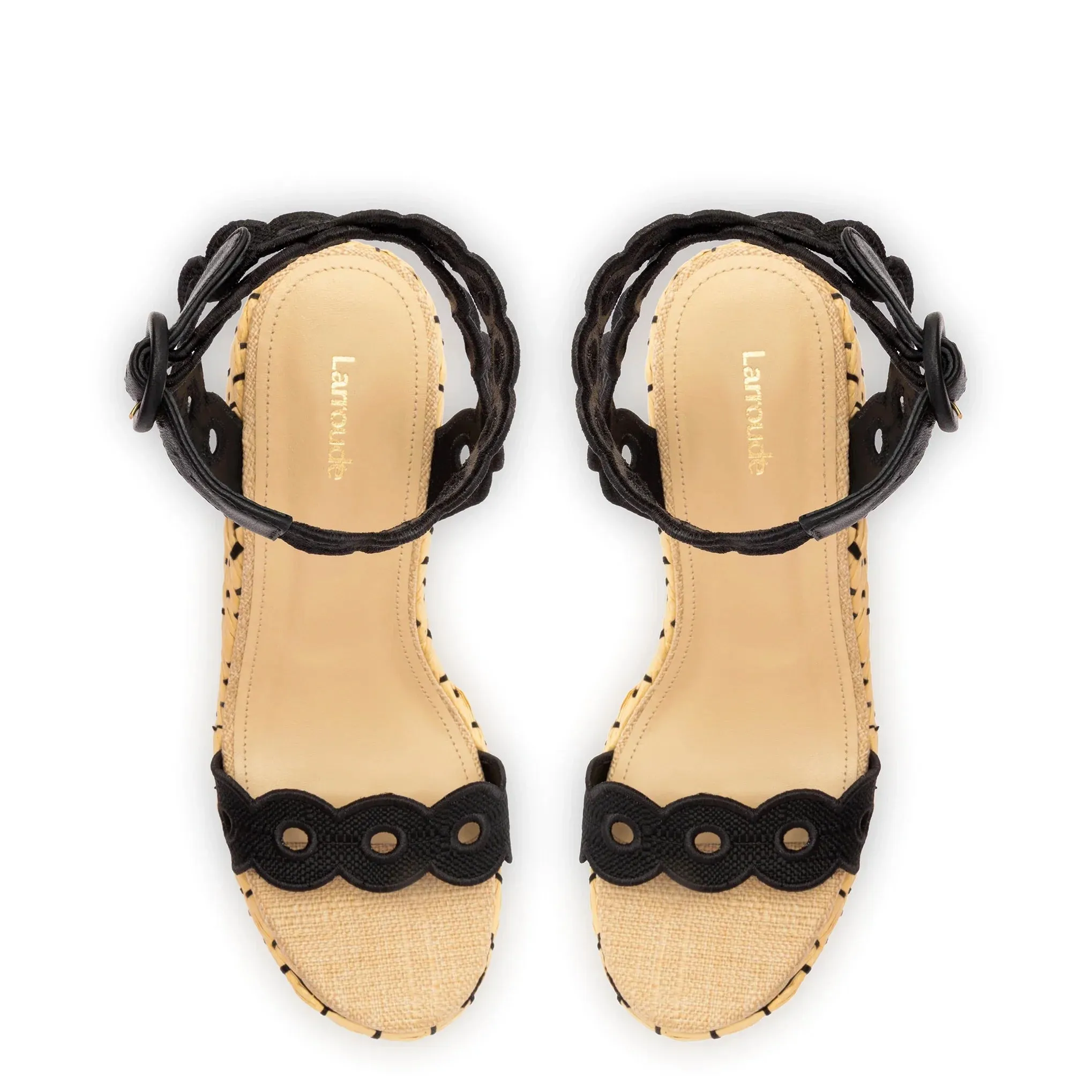 Florence Broderie Wedge In Beige and Black Raffia