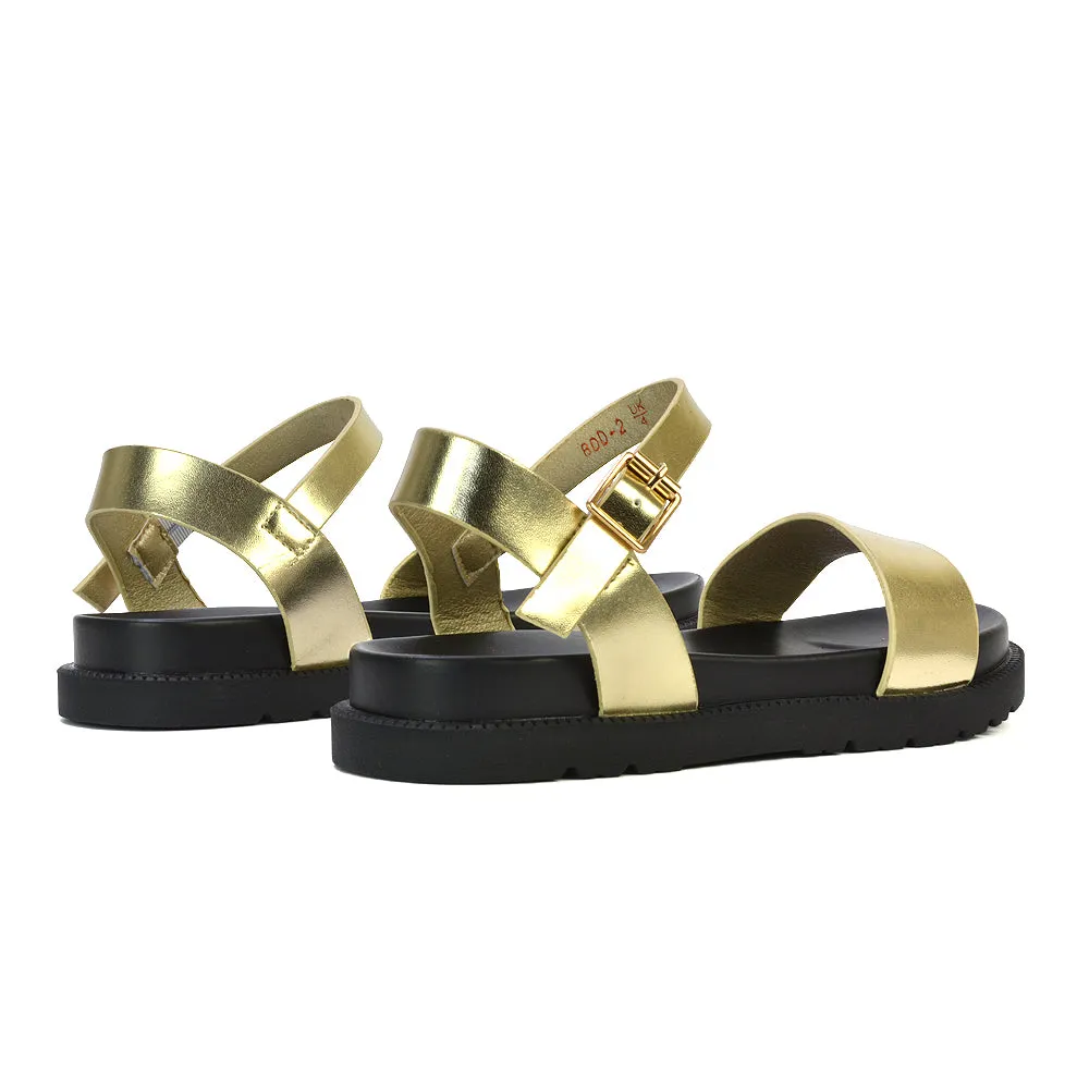 Grace Flatform Ankle Buckle Strappy Flat Summer Sandals in Black Synthetic Leather