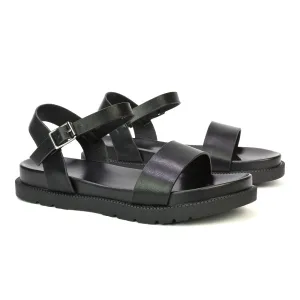 Grace Flatform Ankle Buckle Strappy Flat Summer Sandals in Black Synthetic Leather