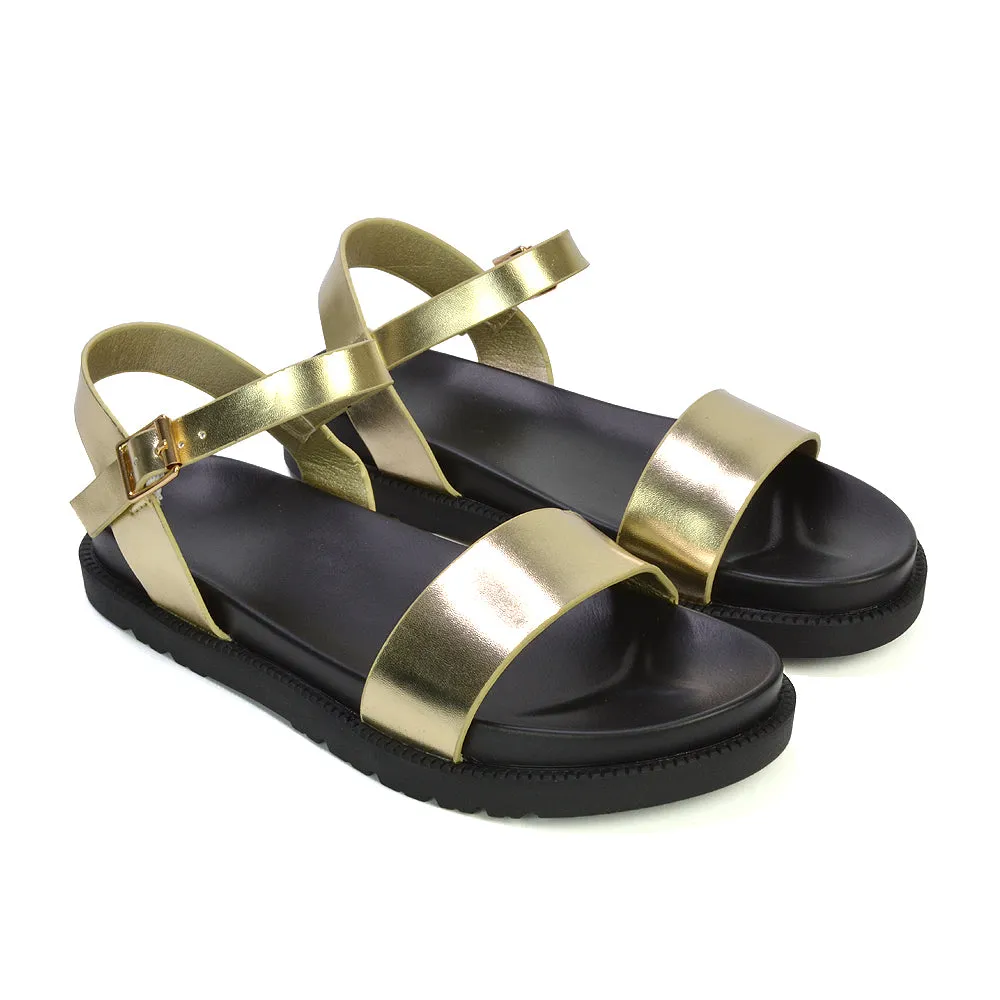 Grace Flatform Ankle Buckle Strappy Flat Summer Sandals in Black Synthetic Leather