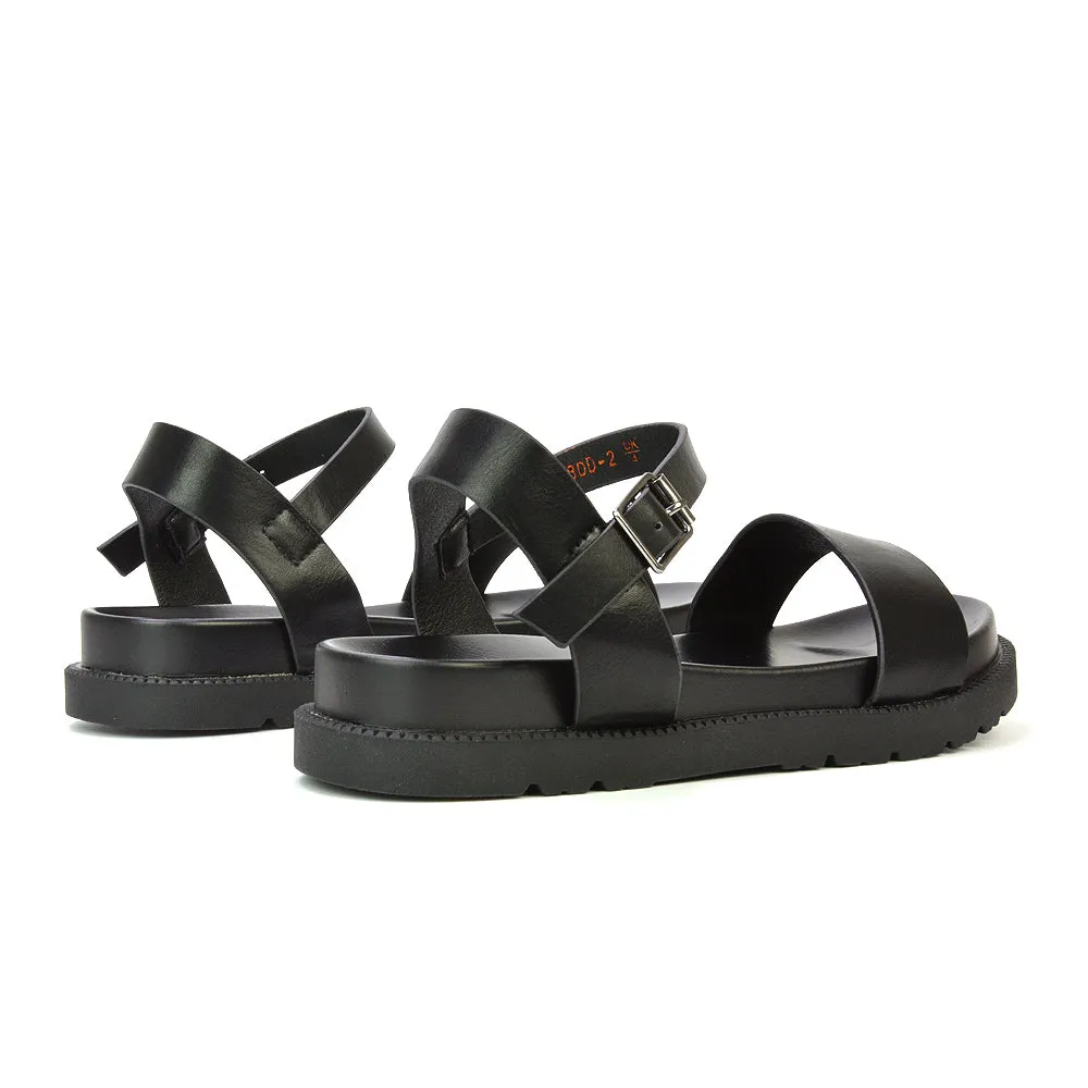 Grace Flatform Ankle Buckle Strappy Flat Summer Sandals in Black Synthetic Leather