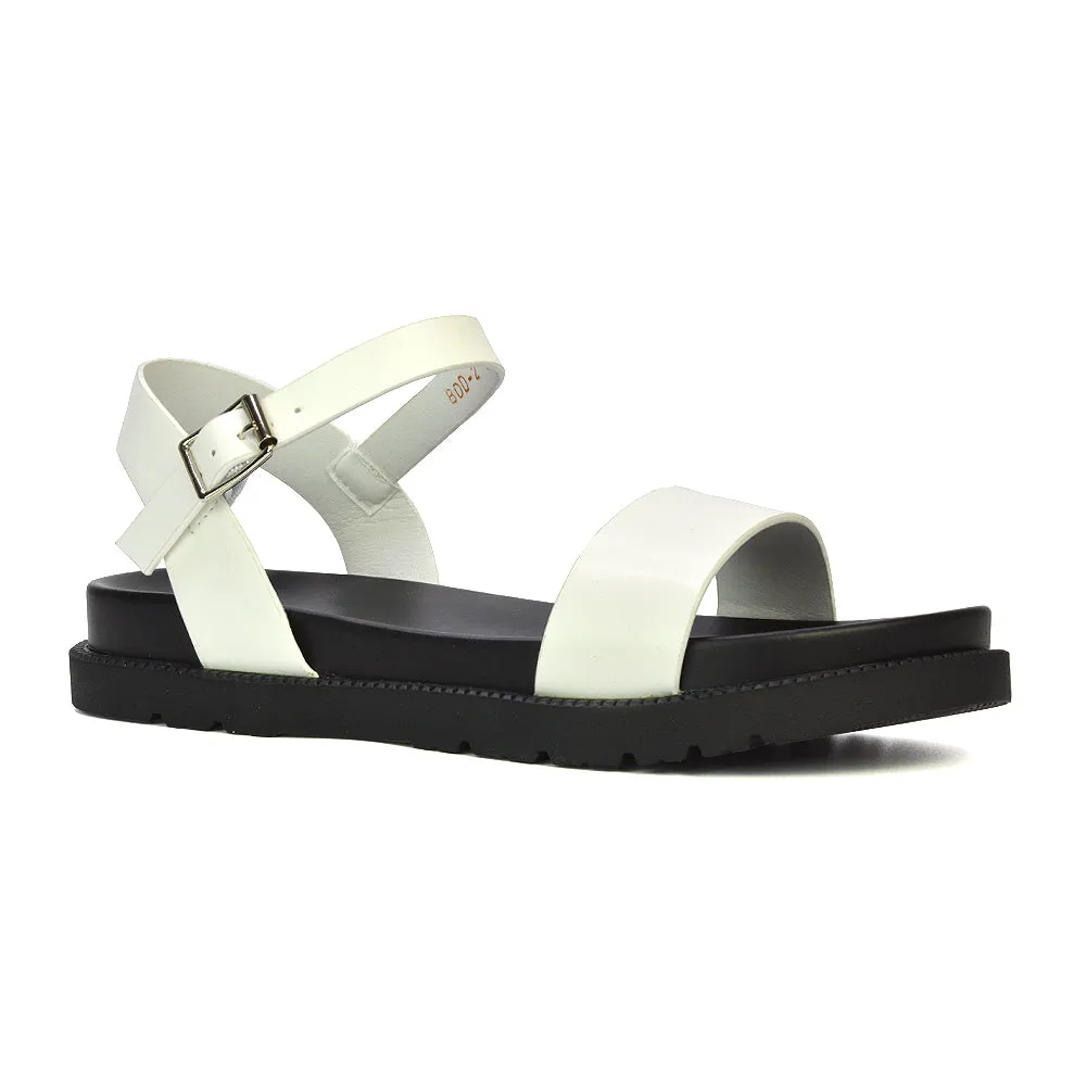 Grace Flatform Ankle Buckle Strappy Flat Summer Sandals in Black Synthetic Leather