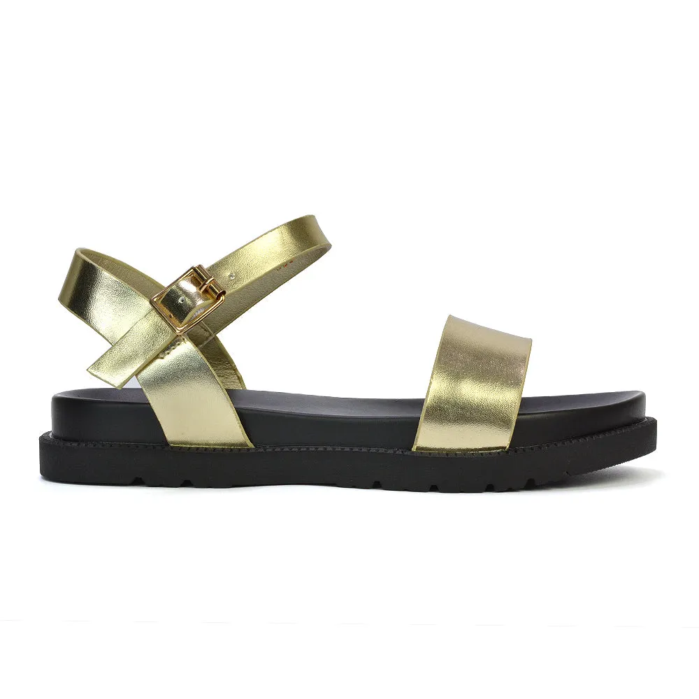Grace Flatform Ankle Buckle Strappy Flat Summer Sandals in Black Synthetic Leather