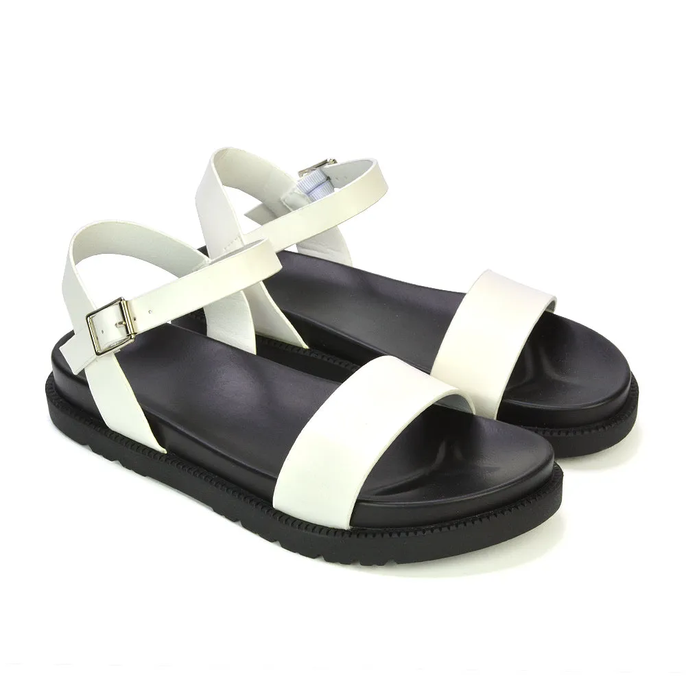 Grace Flatform Ankle Buckle Strappy Flat Summer Sandals in Black Synthetic Leather
