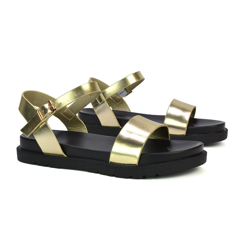 Grace Flatform Ankle Buckle Strappy Flat Summer Sandals in Black Synthetic Leather