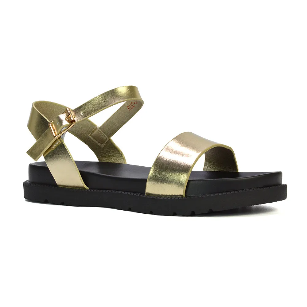 Grace Flatform Ankle Buckle Strappy Flat Summer Sandals in Black Synthetic Leather