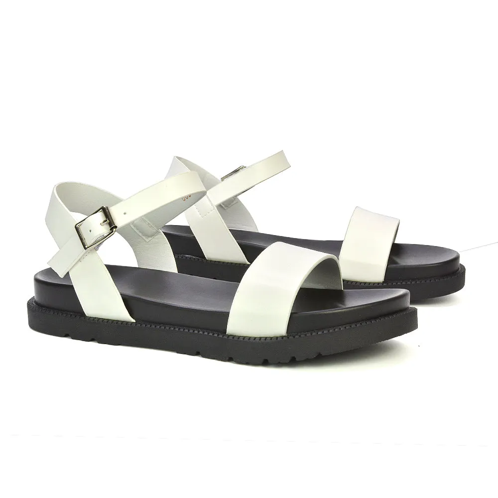 Grace Flatform Ankle Buckle Strappy Flat Summer Sandals in Black Synthetic Leather