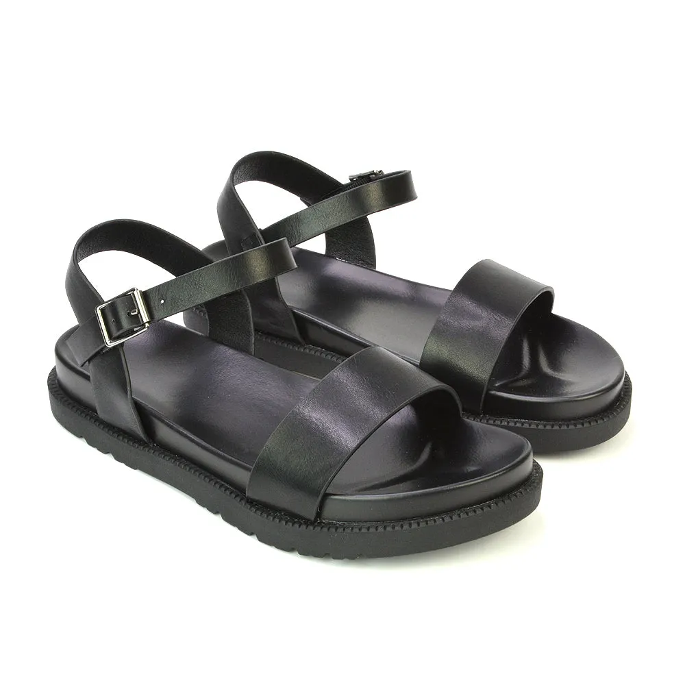Grace Flatform Ankle Buckle Strappy Flat Summer Sandals in Black Synthetic Leather