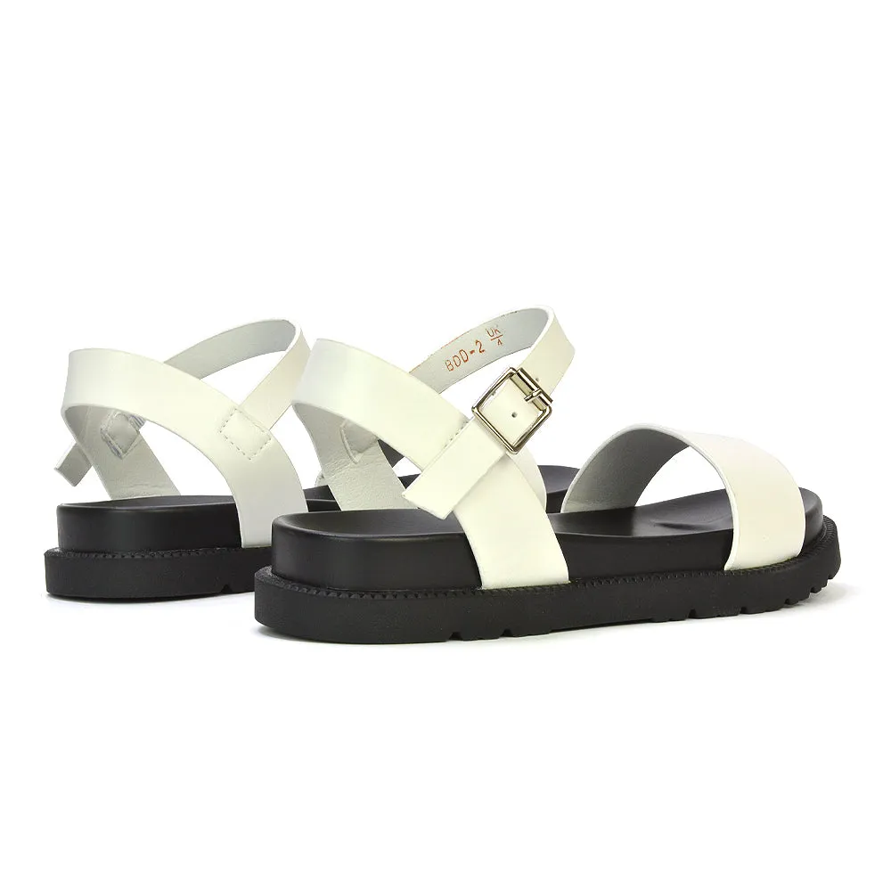 Grace Flatform Ankle Buckle Strappy Flat Summer Sandals in Black Synthetic Leather