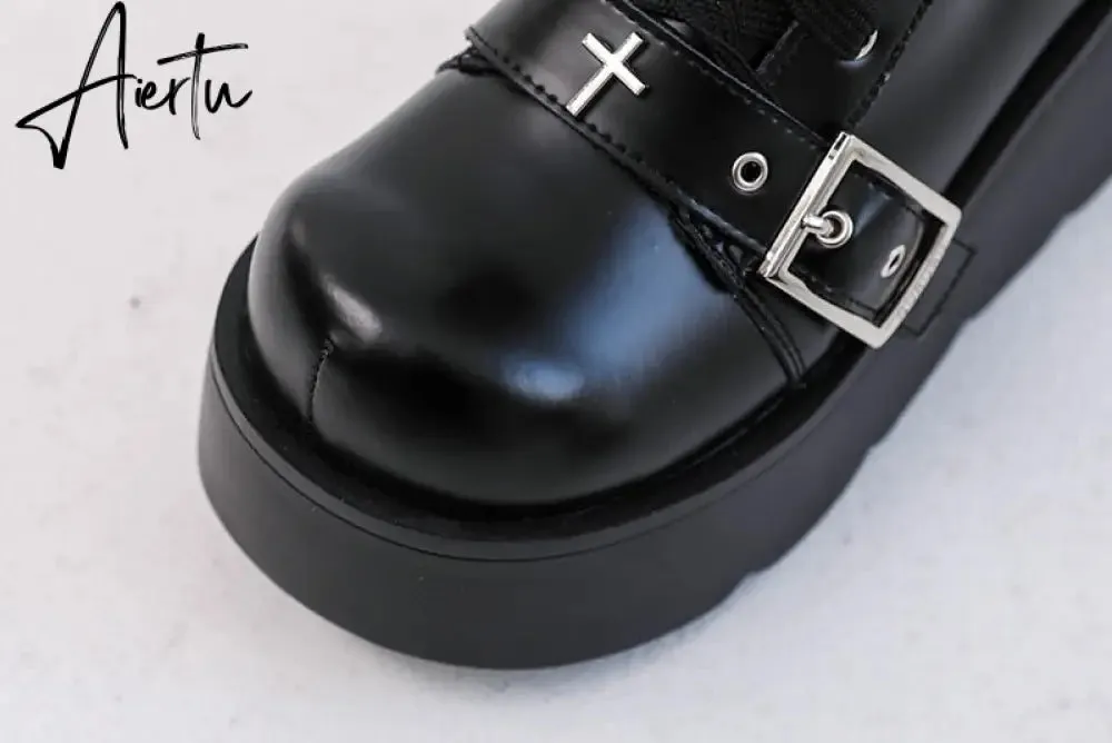Punk Metal Buckle Platfom Ankle Boots Women Autumn PU Leather Chunky Heels Gothic Shoes Woman Thick Bottom Motorcycle Botas